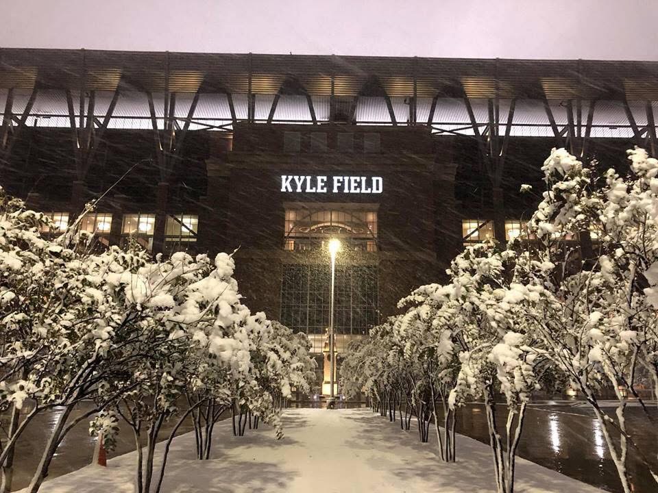 Kyle Field entrance during a rare Brazos Valley snowstorm at night