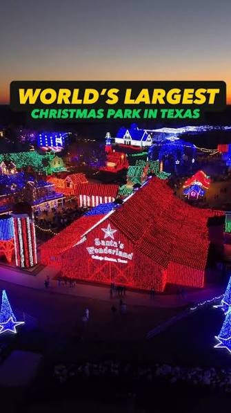 Aerial view of Santa's Wonderland in College Station, illuminated for the holidays